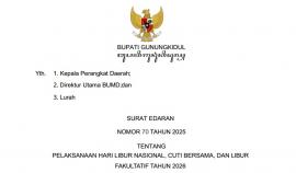 Surat Edaran Bupati Gunungkidul Nomor 70 Tahun 2025, Memuat Libur dan Cuti Bersama Tahun 2026